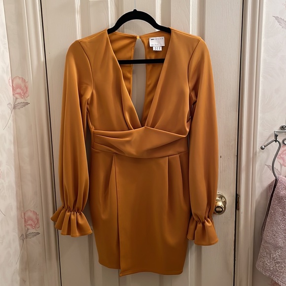 ASOS Design Petite Wrap Plunge Mini Dress with Flute Sleeve in Mustard - Picture 6 of 9